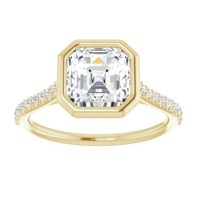 Asscher Yellow Gold Bezel Pave Moissanite Engagement Ring