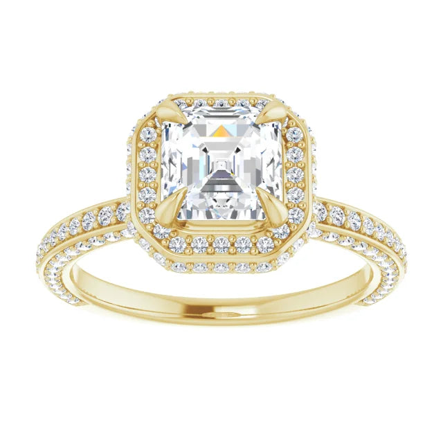 Asscher Yellow Gold Halo Pave Style Moissanite Engagement Ring