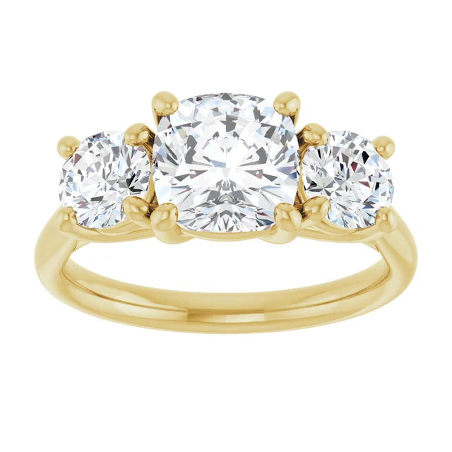Cushion Yellow Gold Tri Stone Moissanite Engagement Ring