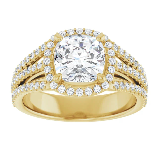 Cushion Yellow Gold Halo Split Pave Moissanite Engagement Ring