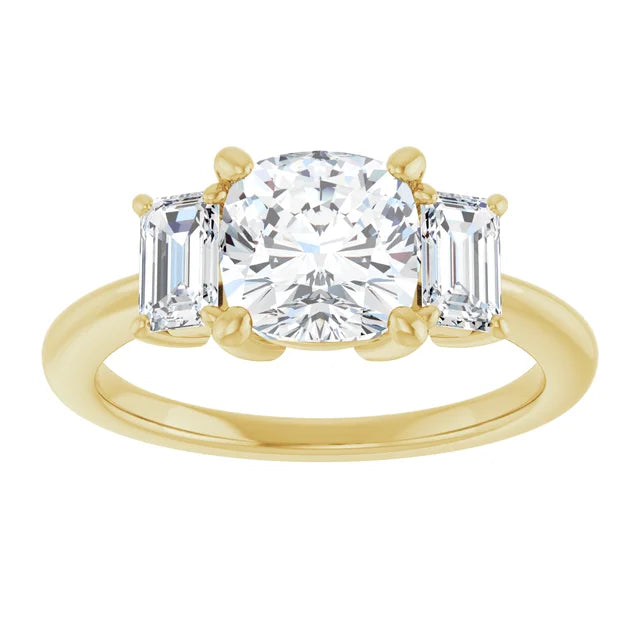 Cushion Yellow Gold Tri Stone Moissanite Engagement Ring