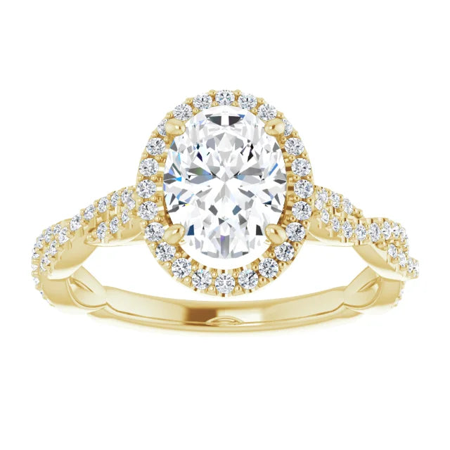 Oval Yellow Gold Halo Twist Pave Moissanite Engagement Ring