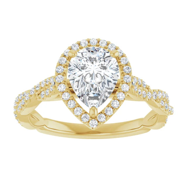 Pear Yellow Gold Halo Twist Pave Moissanite Engagement Ring