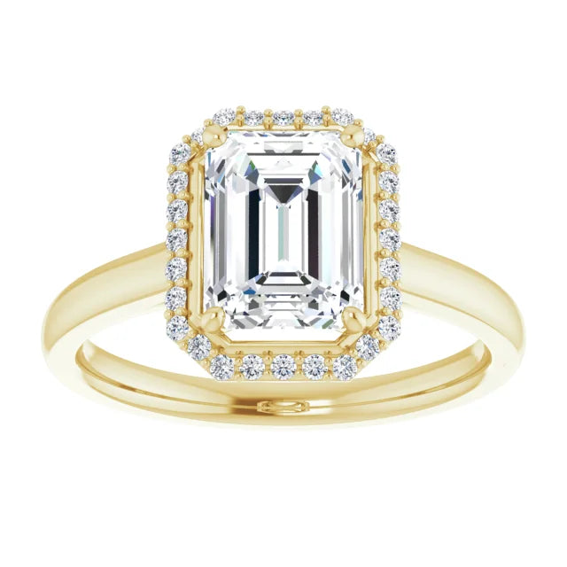Emerald Halo Solitaire Moissanite Engagement Ring Yellow Gold