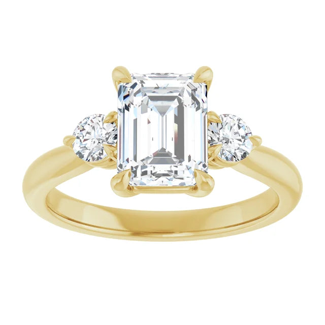 Emerald Yellow Gold Tri Stone Moissanite Engagement Ring