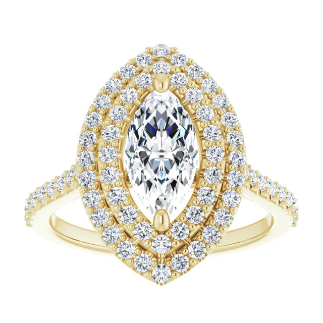Marquise Double Halo Yellow Gold Moissanite Engagement Ring