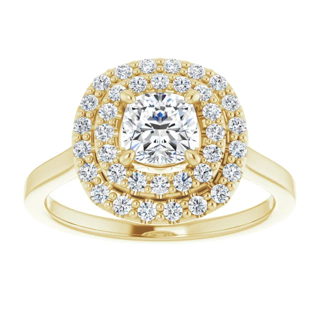 Cushion Yellow Gold Double Halo Solitaire Moissanite Engagement Ring