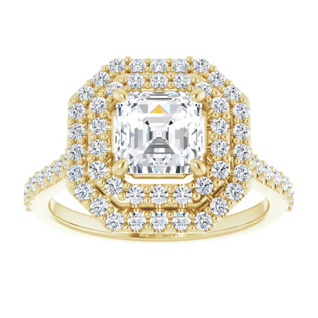 Asscher Double Halo Yellow Gold Moissanite Engagement Ring