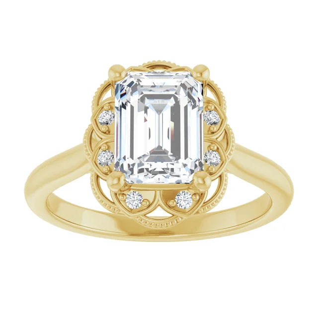 Emerald Yellow Gold Halo Moissanite Engagement Ring