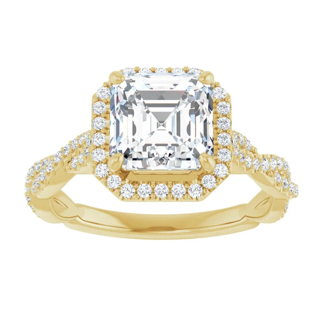 Asscher Yellow Gold Halo Twist Pave Moissanite Engagement Ring