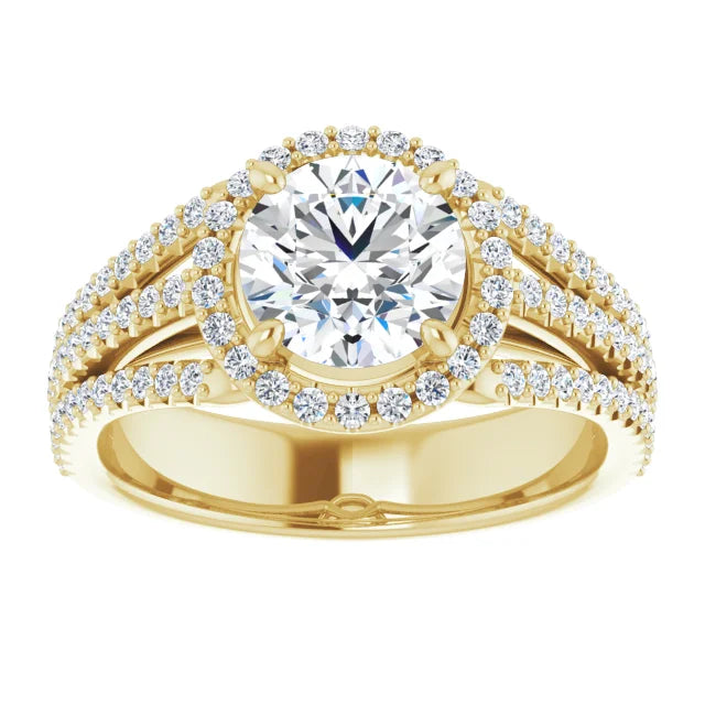 Round Brilliant Yellow Gold Halo Split Pave Moissanite Engagement Ring