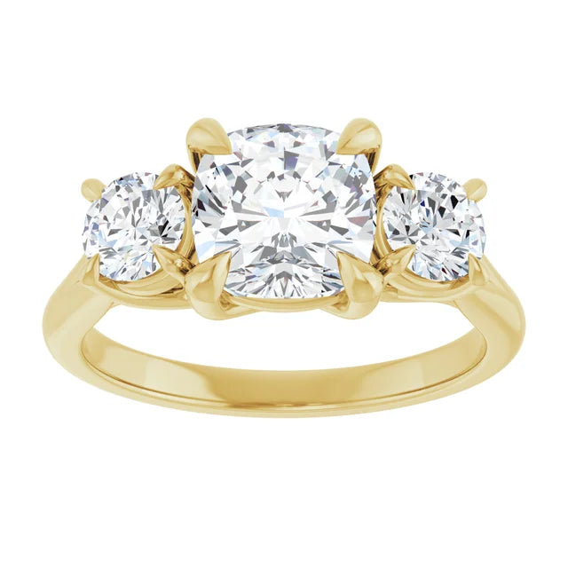 Cushion Yellow Gold Tri Stone Moissanite Engagement Ring