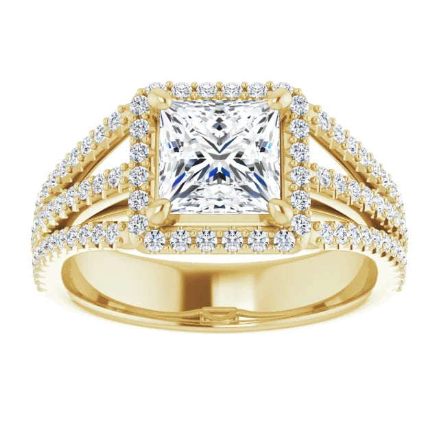 Princess Yellow Gold Halo Split Pave Moissanite Engagement Ring