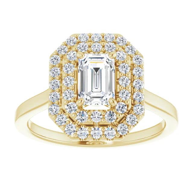 Emerald Yellow Gold Double Halo Solitaire Moissanite Engagement Ring