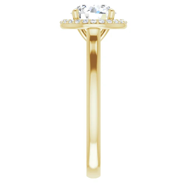 Yellow Gold Round Brilliant Halo Solitaire Engagement Ring. Moissanite