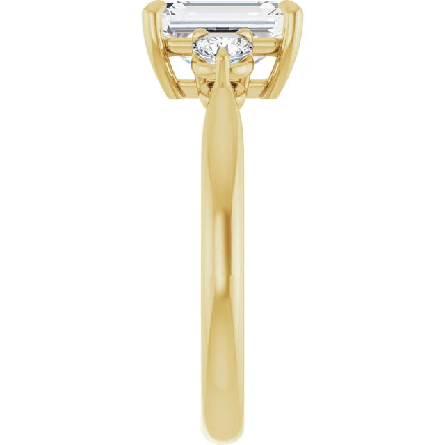 Emerald Yellow Gold Tri Stone Moissanite Engagement Ring