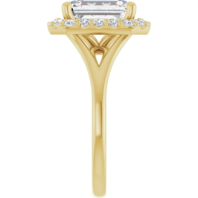 Emerald Yellow Gold Halo Solitaire Split Band Moissanite Engagement
