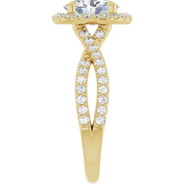 Oval Yellow Gold Twist Band Halo Moissanite Engagement Ring