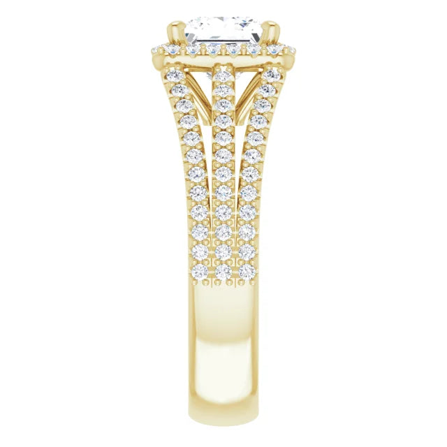 Princess Yellow Gold Halo Split Pave Moissanite Engagement Ring