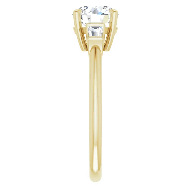 Round Brilliant Yellow Gold Baguette Accent Moissanite Engagement Ring