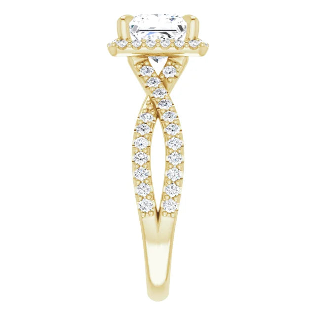 Princess Yellow Gold Twist Band Halo Moissanite Engagement Ring