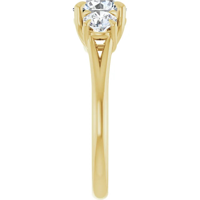 Round Brilliant Yellow Gold Tri Stone Moissanite Engagement Ring