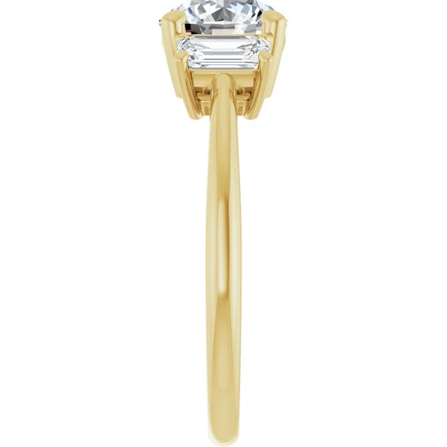 Round Brilliant Yellow Gold Tri Stone Moissanite Engagement Ring