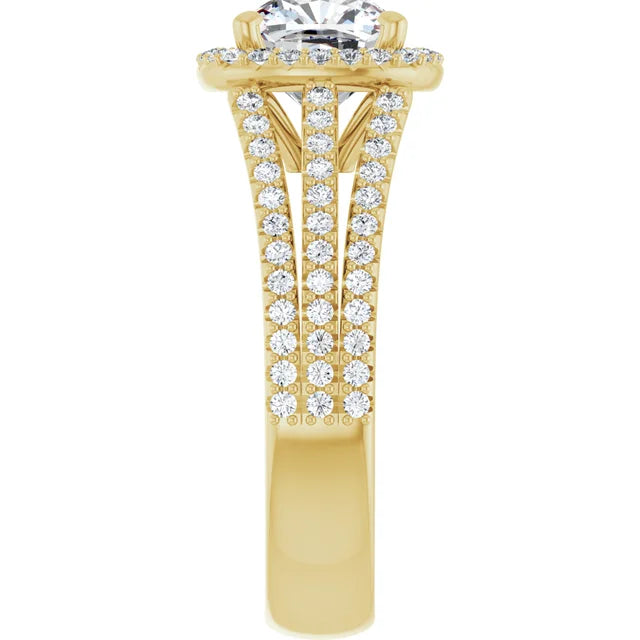 Cushion Yellow Gold Halo Split Pave Moissanite Engagement Ring