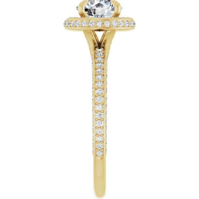 Round Brilliant Yellow Gold Halo Pave Style Moissanite Engagement Ring