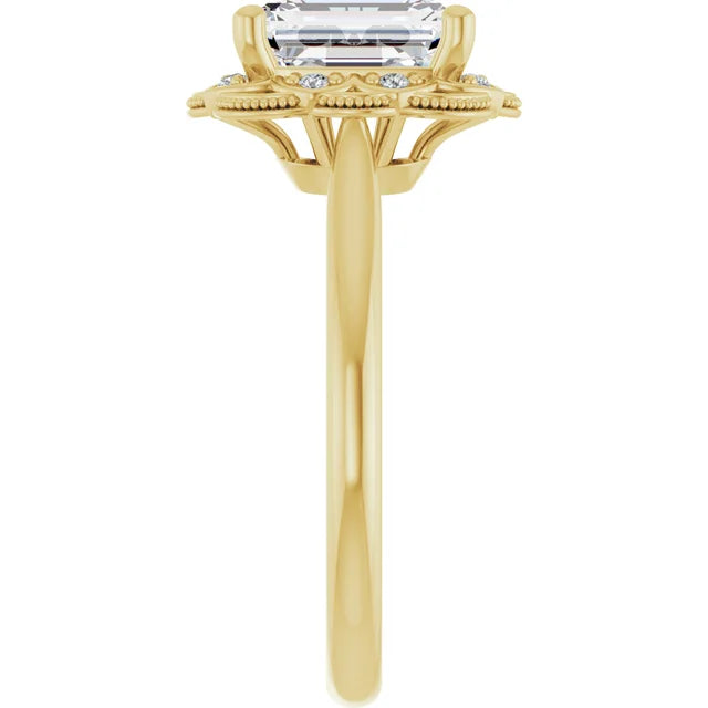 Emerald Yellow Gold Halo Moissanite Engagement Ring
