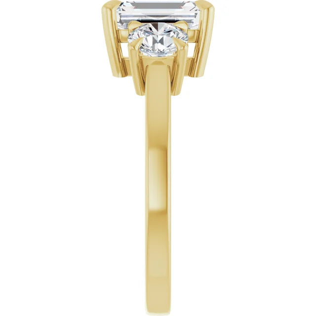 Emerald Yellow Gold Tri Stone Moissanite Engagement Ring