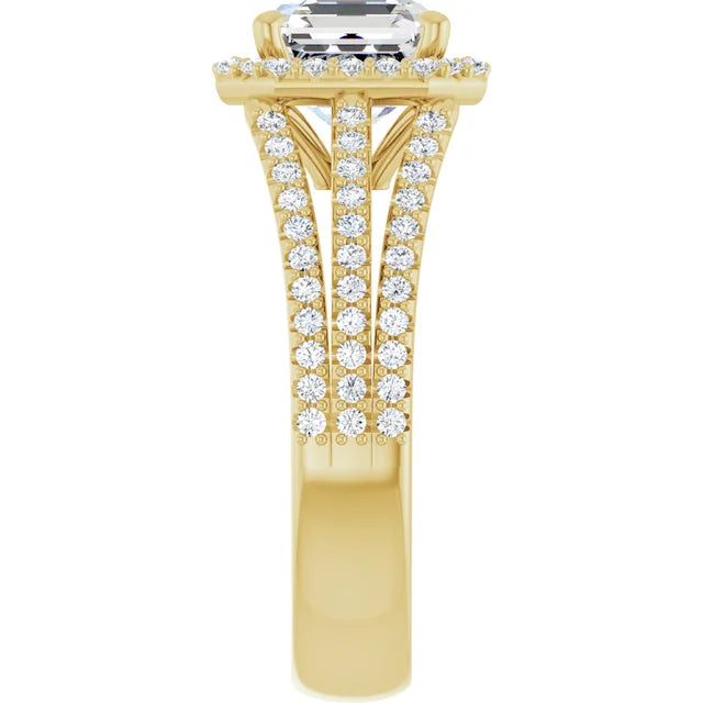 Asscher Yellow Gold Halo Split Pave Moissanite Engagement Ring