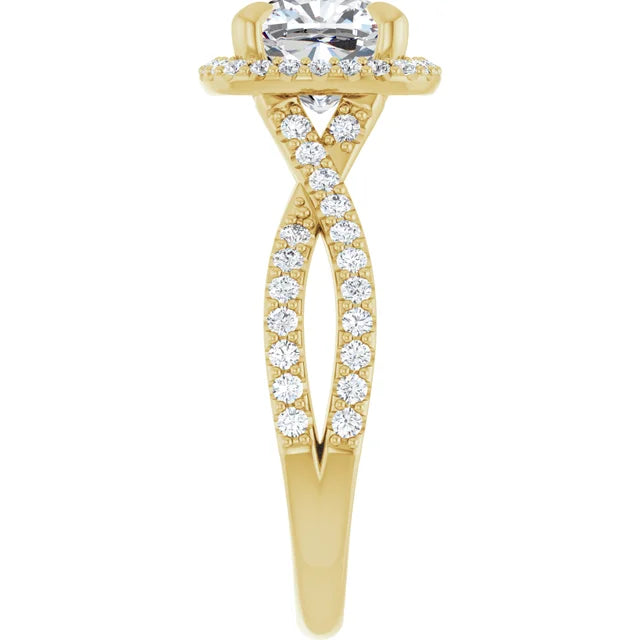 Cushion Yellow Gold Twist Band Halo Moissanite Engagement Ring