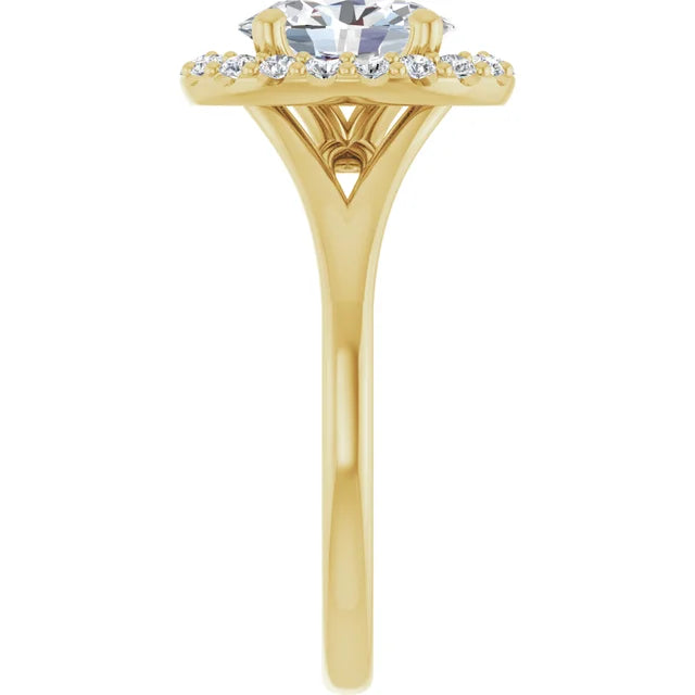 Oval Yellow Gold Halo Solitaire Split Band Moissanite Engagement Ring