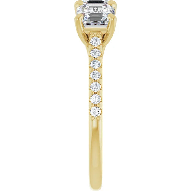 Cushion Yellow Gold Tri Stone Moissanite Engagement Ring