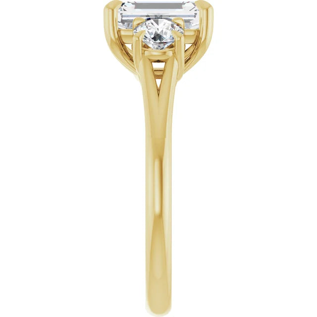 Emerald Yellow Gold Tri Stone Moissanite Engagement Ring