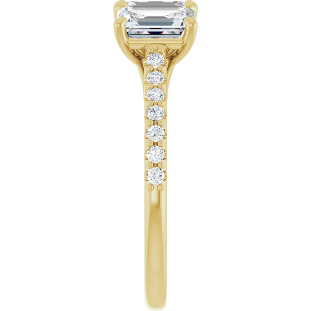Emerald Yellow Gold Tri Stone Moissanite Engagement Ring