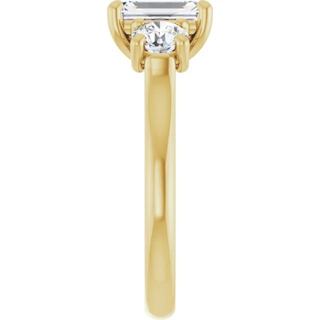 Emerald Yellow Gold Tri Stone Moissanite Engagement Ring