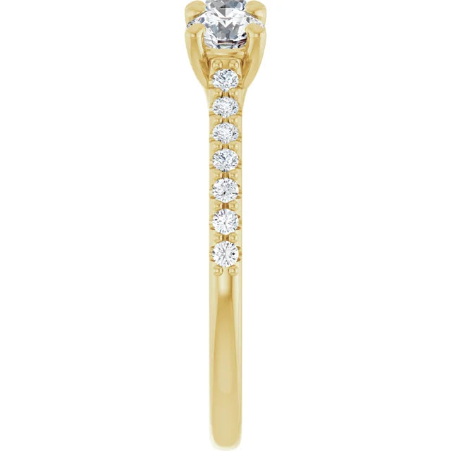 Round Brilliant Yellow Gold Tri Stone Moissanite Engagement Ring