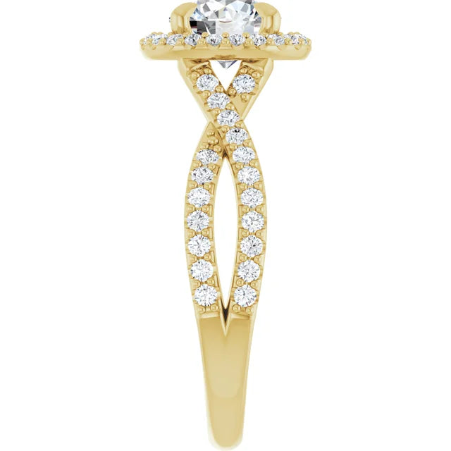Round Brilliant Yellow Gold Twist Band Halo Moissanite Engagement Ring