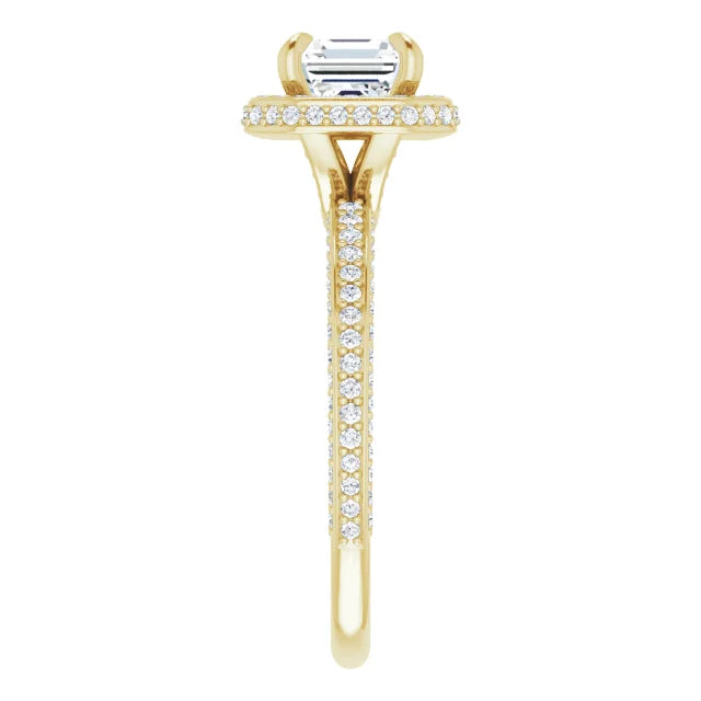 Asscher Yellow Gold Halo Pave Style Moissanite Engagement Ring