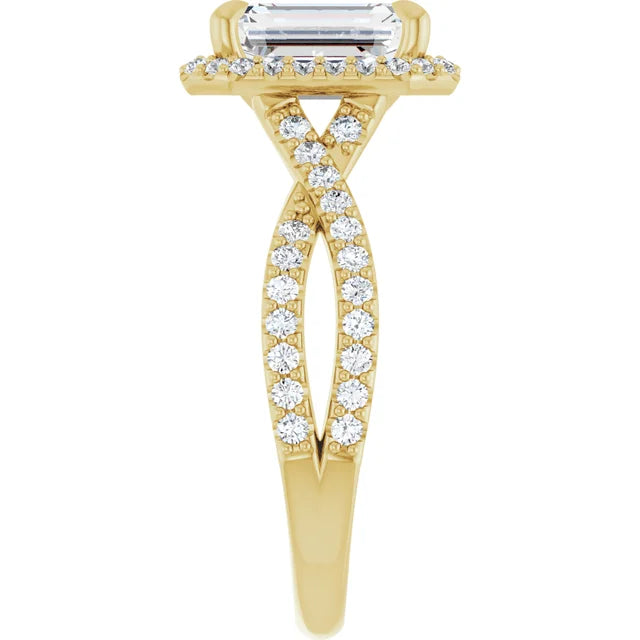 Emerald Yellow Gold Twist Band Halo Moissanite Engagement Ring