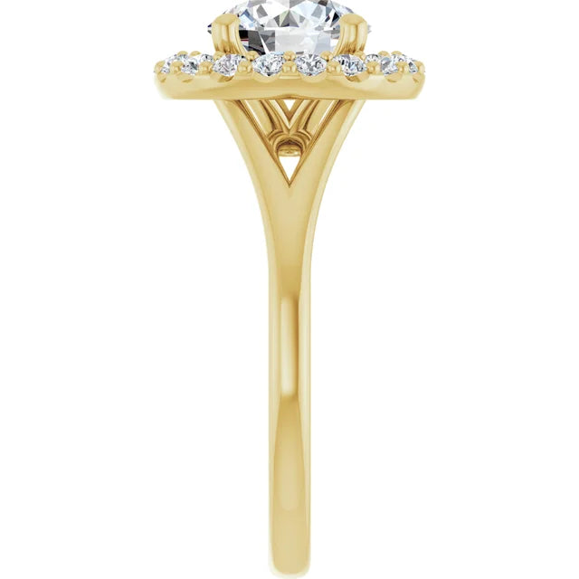 Round Brilliant Yellow Gold Halo Solitaire Split Band Moissanite Engagement Ring