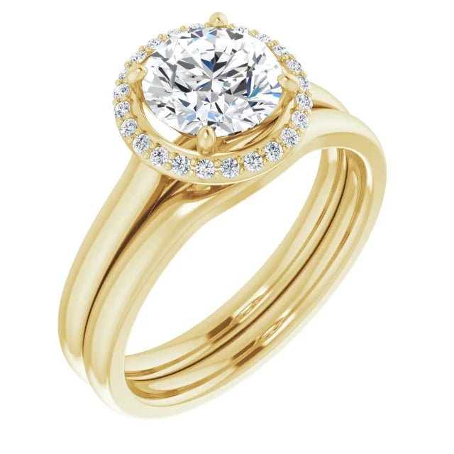 Yellow Gold Round Brilliant Halo Solitaire Engagement Ring. With Wedding Ring. Moissanite