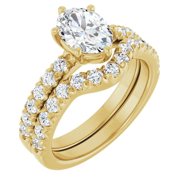 Oval Yellow Gold Six Claw Pave Band Moissanite Engagement Ring