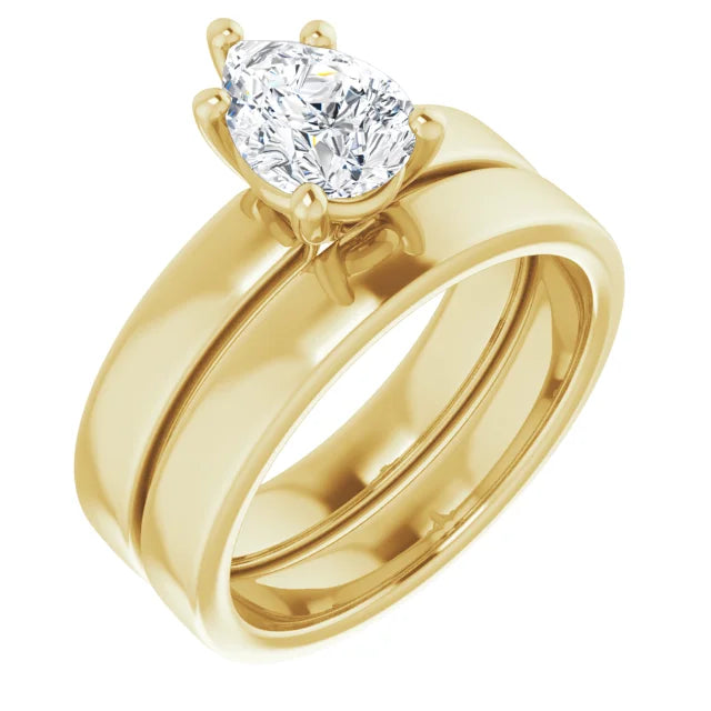 Pear Yellow Gold Wide Band Solitaire Moissanite Engagement Ring