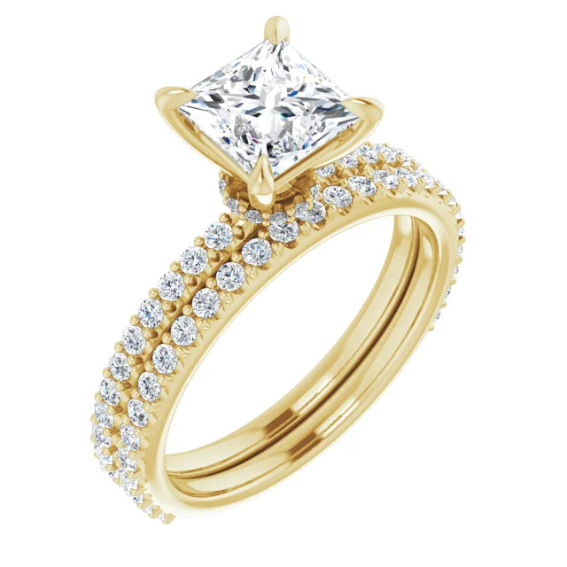 Princess Yellow Gold Pave Moissanite Engagement Ring