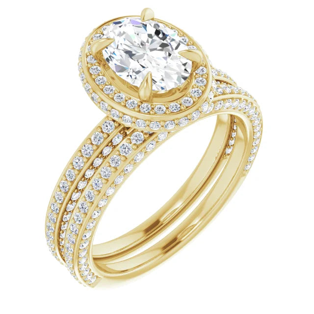 Oval Yellow Gold Halo Pave Style Moissanite Engagement Ring