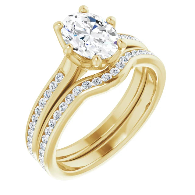 Oval Yellow Gold Six Claw Channel Set Moissanite Engagement Ring