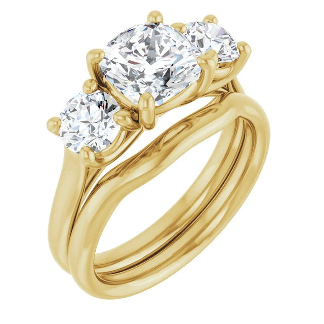 Cushion Yellow Gold Tri Stone Moissanite Engagement Ring